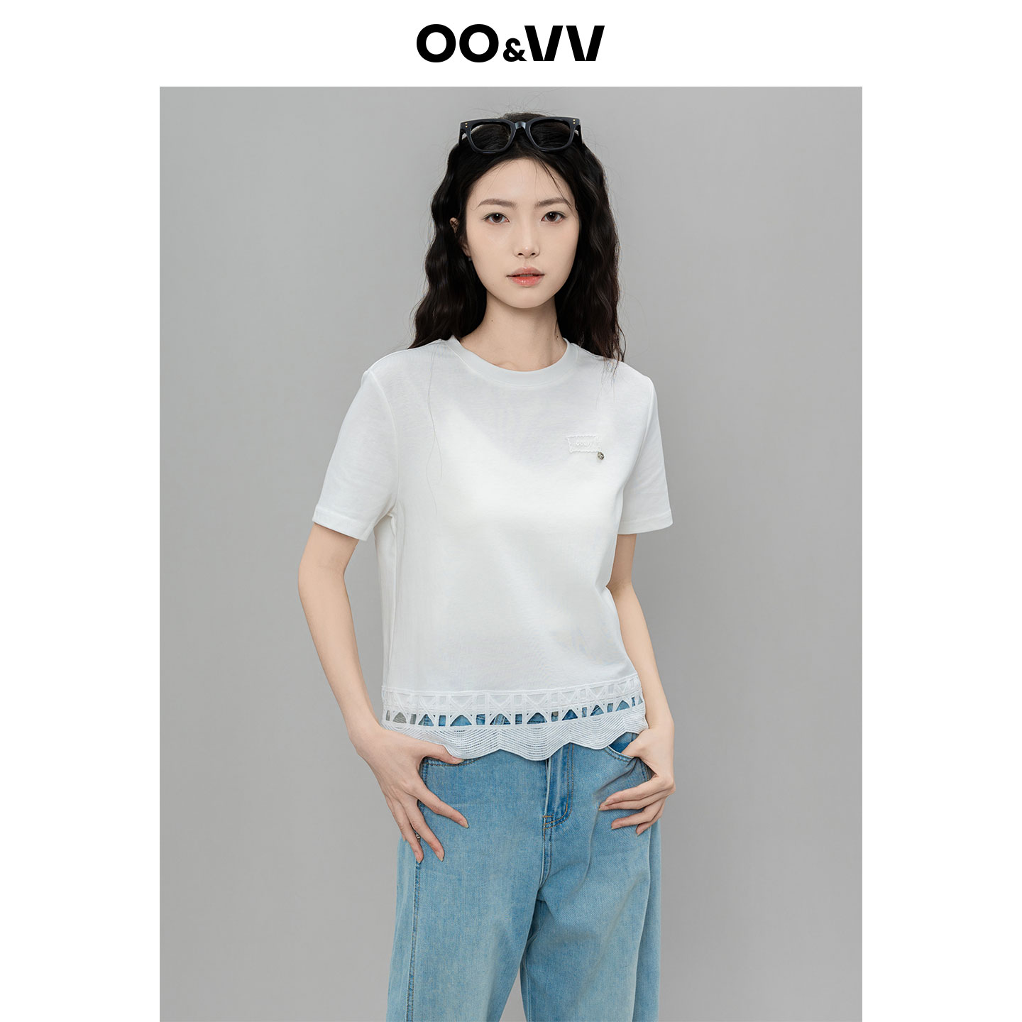 女款镂空蕾丝圆领拼接休闲轻运动风纯色短袖正肩t恤