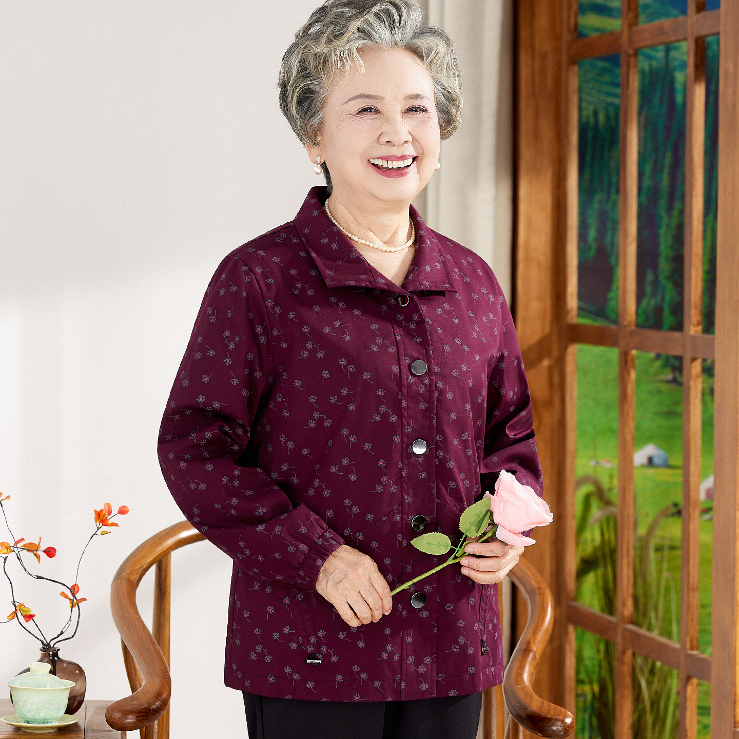 奶奶秋装纯棉风衣外套老年人妈妈宽松全棉夹克开衫老太太春秋衣服