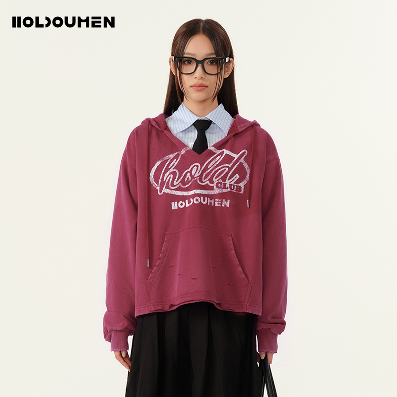 Holdoumen25秋季日常系列V领短款做旧卫衣