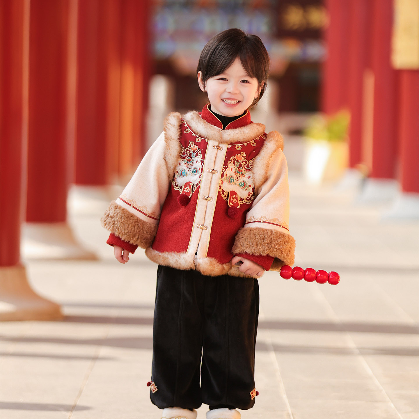 【瑞狮纳福】汉服男童冬装25年中国风红色喜庆棉服套装宝宝拜年服