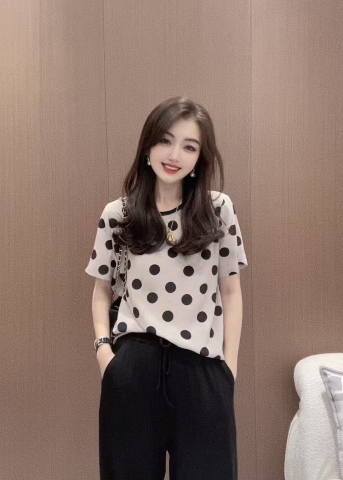 【大波点圆领】CHUN家时尚夏季经典百搭桑蚕丝双绉T恤