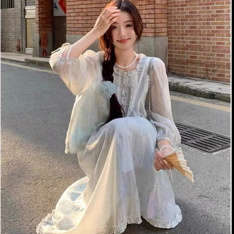 现货秒发--两件套女夏季国风晕染印花 盘扣衬衫A字半身裙