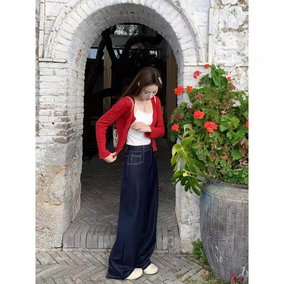 【佳佳推荐】春季复古蓝色直筒宽松法式阔腿裤垂坠感休闲阔腿牛仔裤