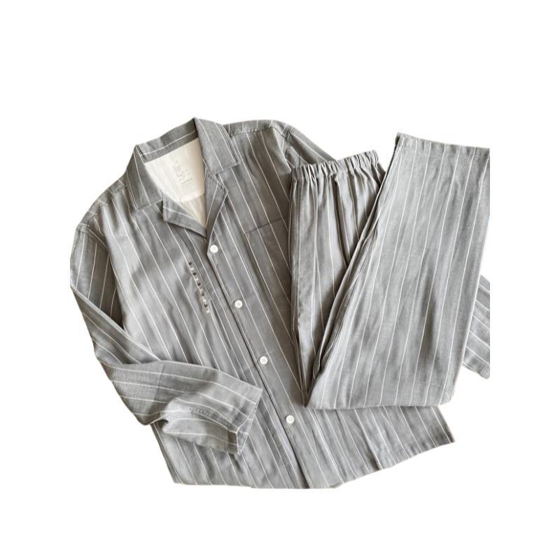 纯棉双层纱情侣款家居服套装长袖长裤亲肤透气四季款睡衣全棉