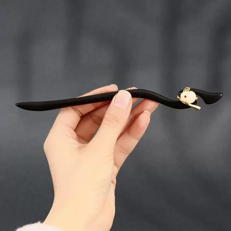 黑檀木玉兔发簪国风复古气质木簪中国风盘发发钗茶服发钗生日礼物