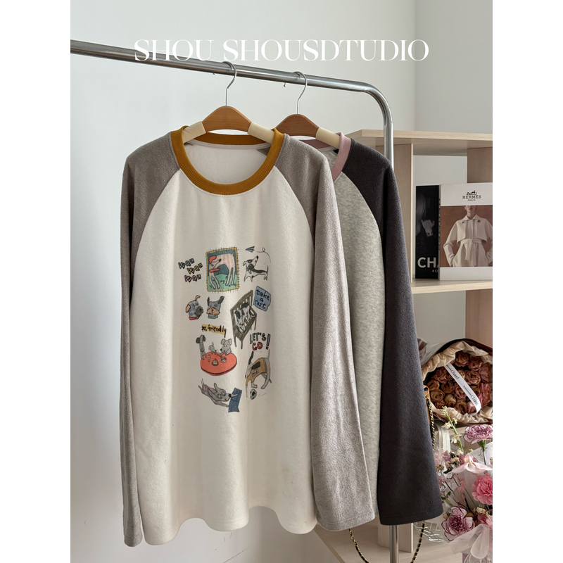 【菲菲】晚安小熊-大码圆领撞色插肩袖磨毛可爱印花百搭上衣S02144