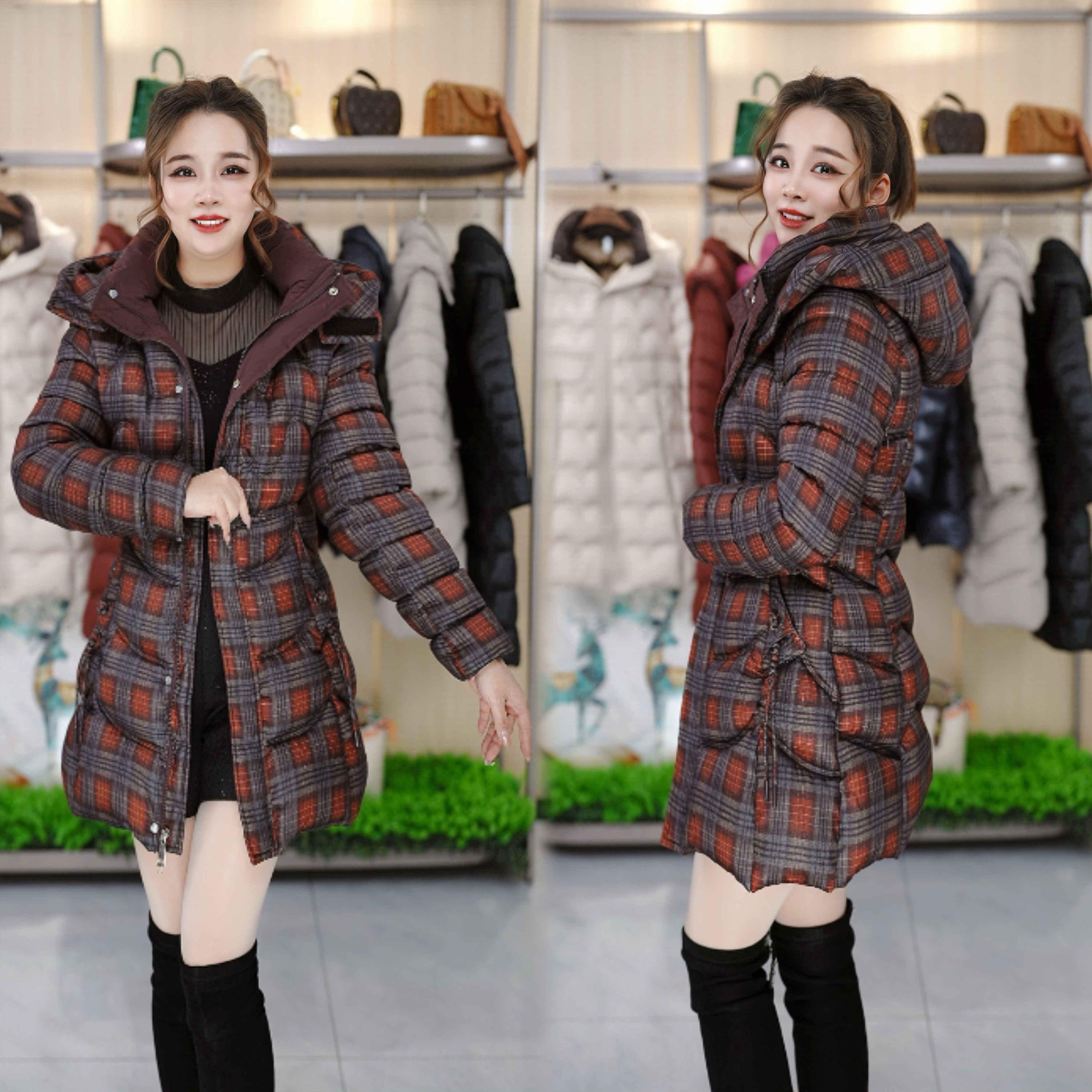 2025年冬季新款女士格纹洋气百搭 保暖连帽外套
