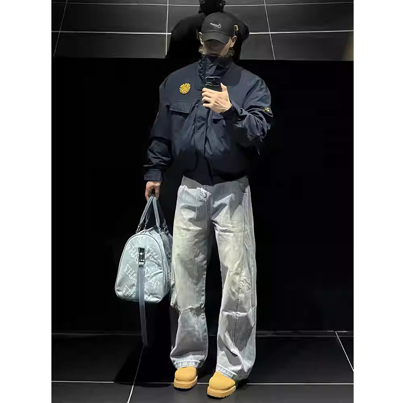 藏青色美式豹纹领座山雕外套男款冬季加绒加厚棉衣bomber立领外套