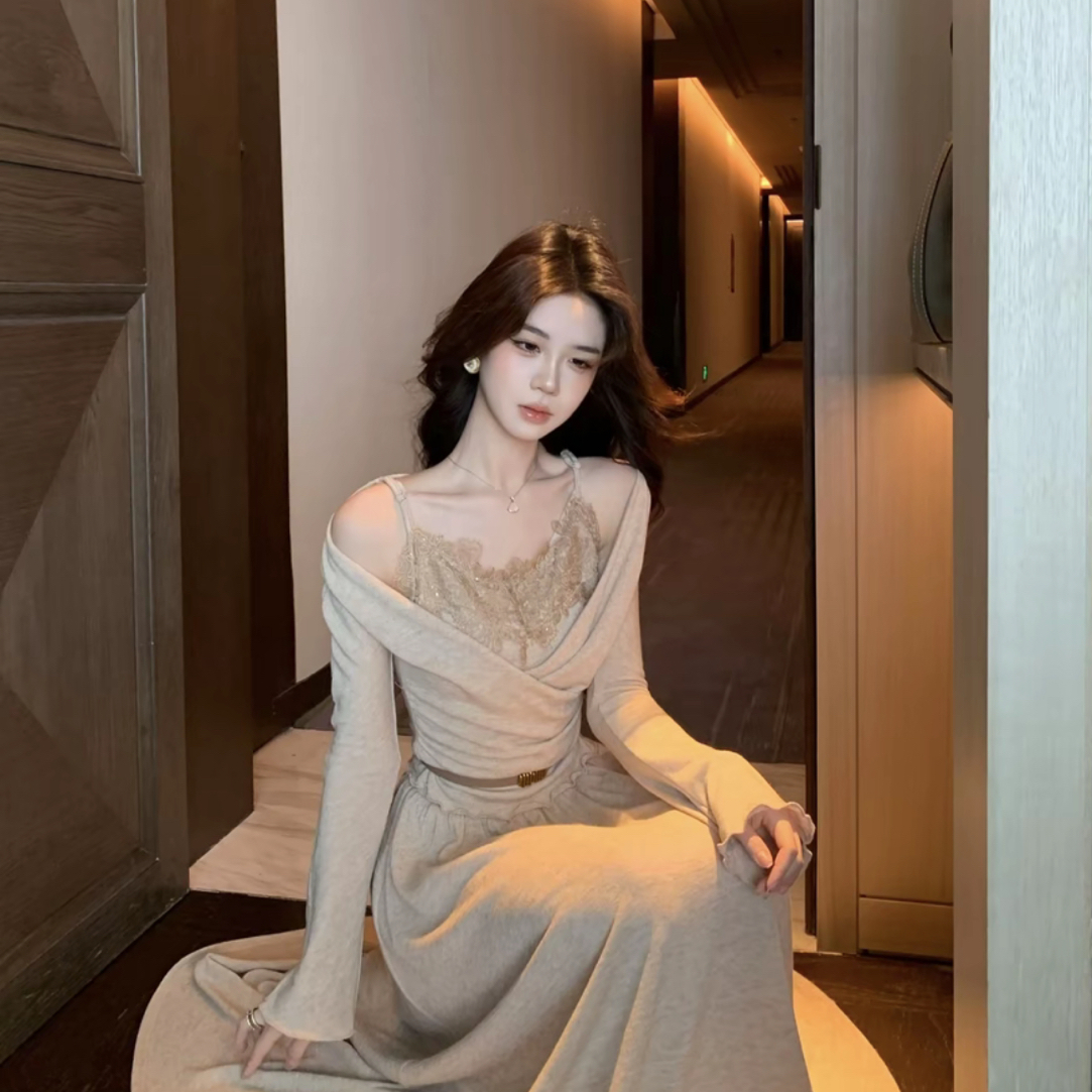 木子李的李【柔丝漫光】早秋温柔风长袖假两件上衣半身裙套装