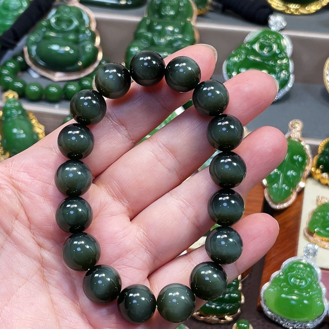 和田玉（碧玉）颈饰未镶嵌黑猫手串12mm