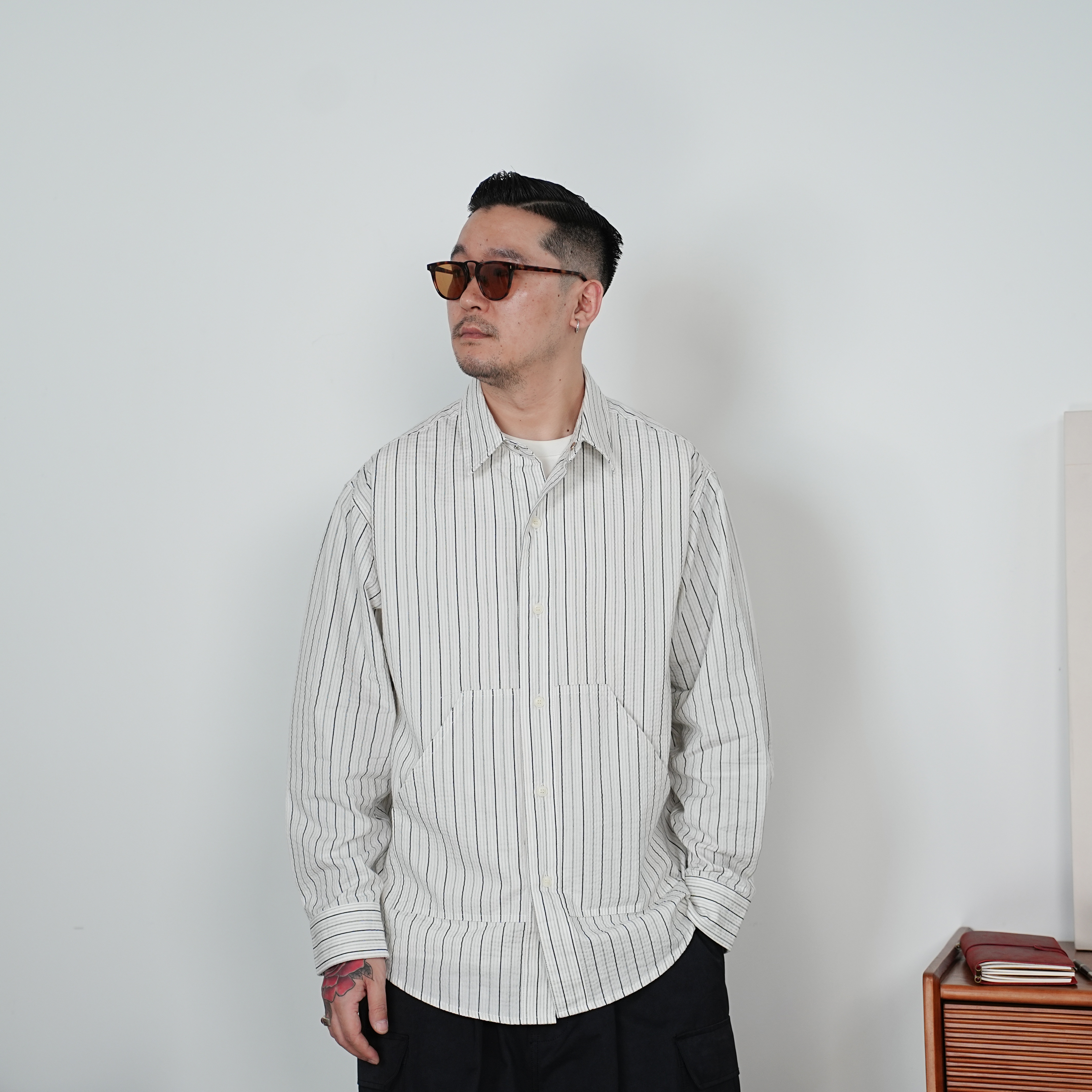 25FW秋季日系复古通勤条纹衬衫cityboy休闲宽松长袖衬衣多口袋