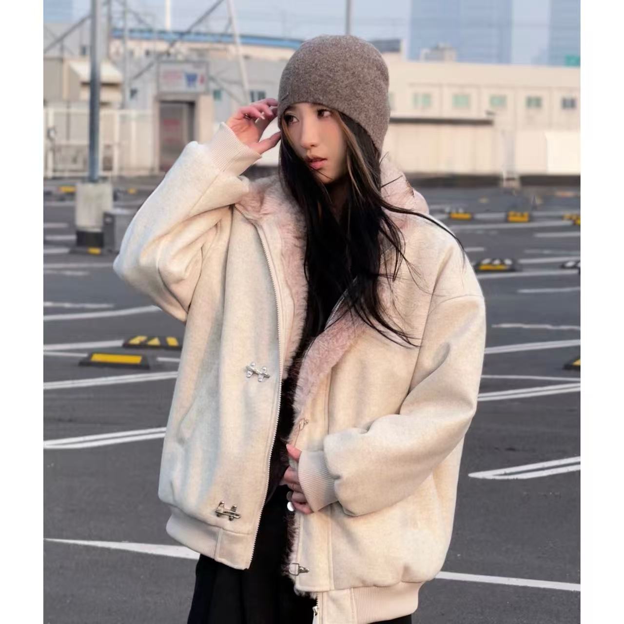 ARUI冬季飞机扣座山雕美式哈灵顿毛领百搭外套痞帅潮牌立领棉衣