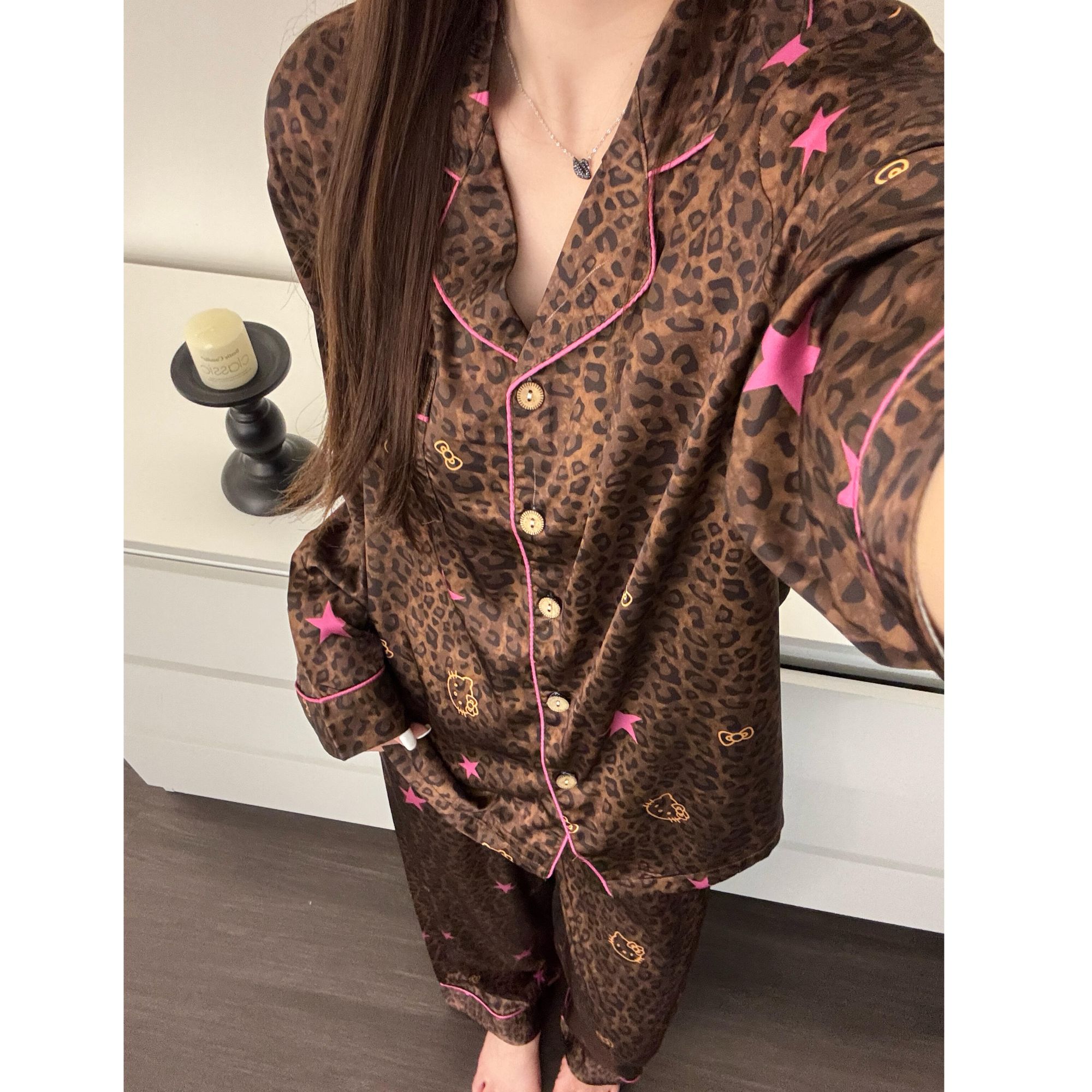 法式高级感豹纹印花冰丝睡衣女春秋新款长袖可外穿套装大码家居服