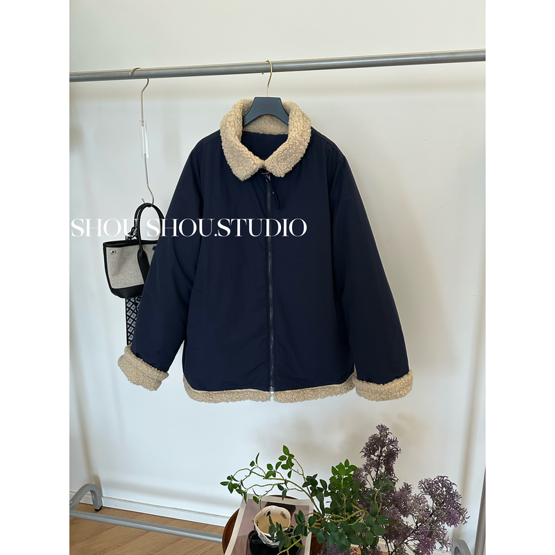 【菲菲】海岛薄雾-大码翻领羊羔毛拼接夹棉保暖夹克外套S02225
