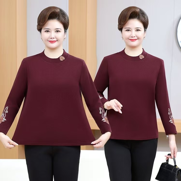 大码中老年气质女装秋冬圆领弹力长袖德绒T恤时尚加绒保暖秋衣