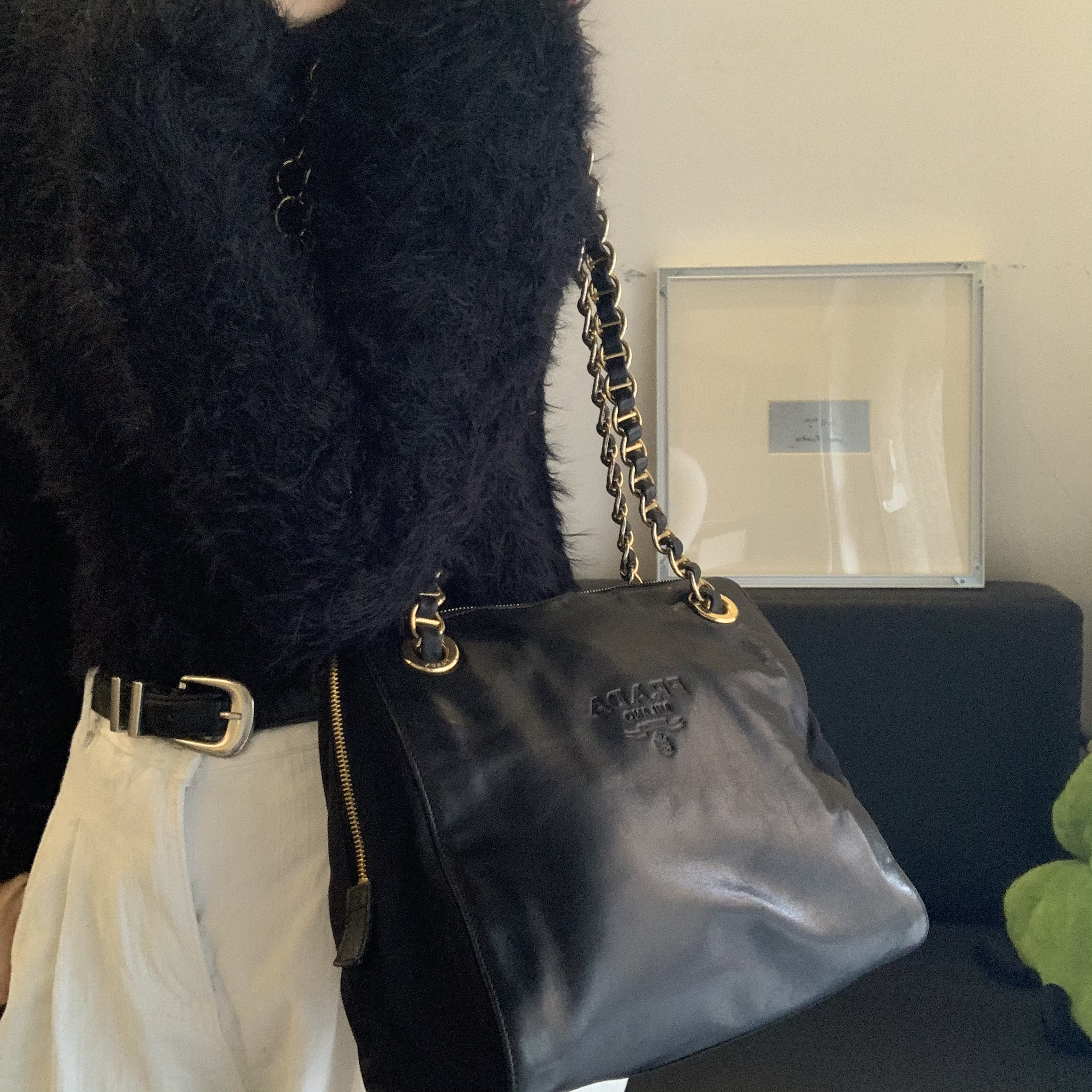 95新 Prada/普拉达 7 全皮黑金链条包