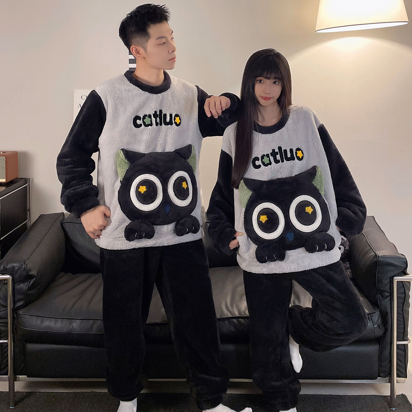 罗小黑秋冬季珊瑚绒情侣睡衣套装加绒加厚保暖卡通一男一女家居服