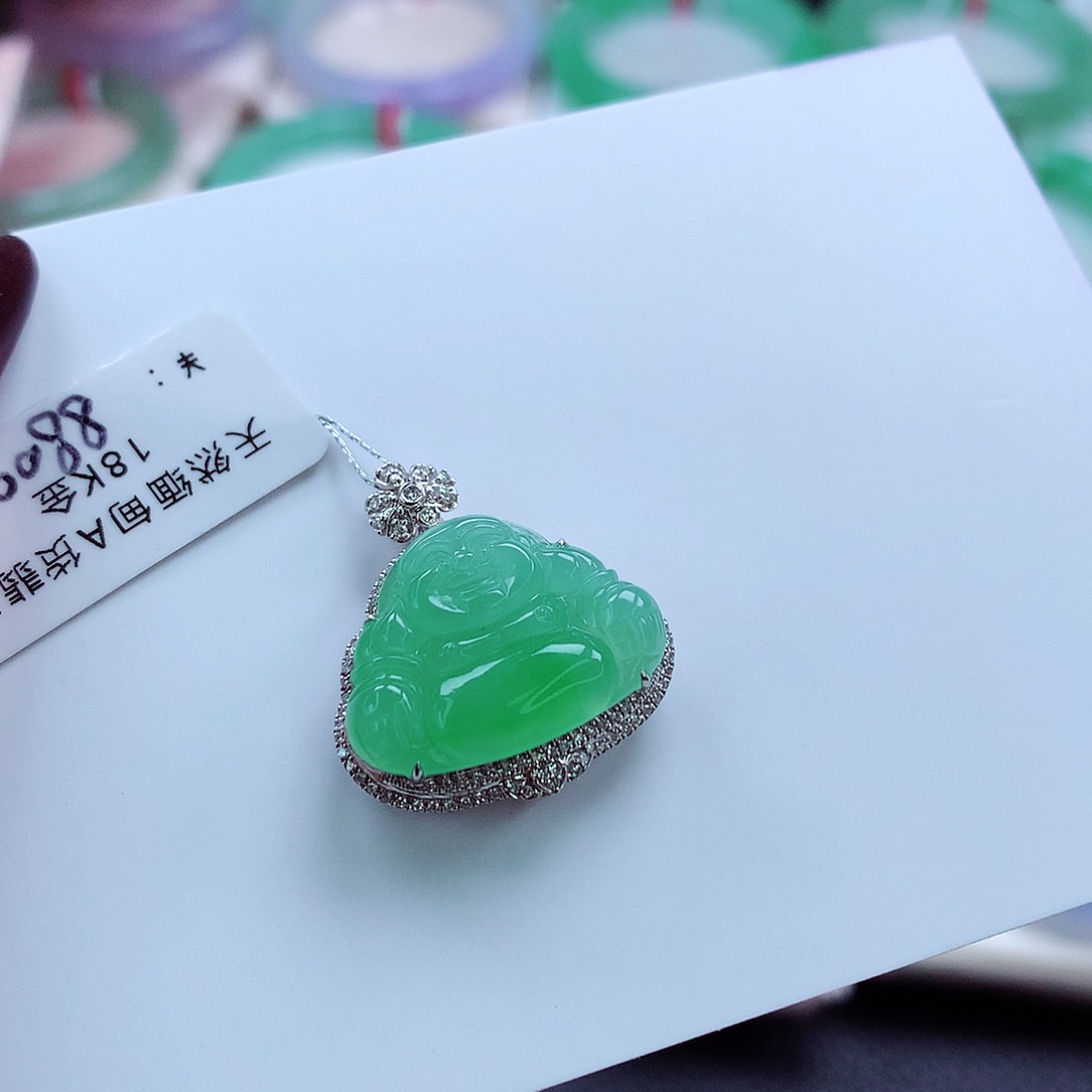 翡翠吊坠(不含链)18K金镶嵌冰飘绿佛公