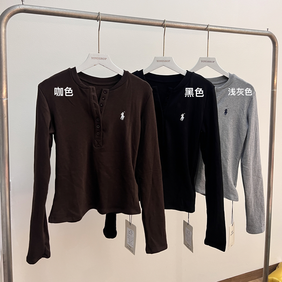 GRR,【拥抱小马T】秋冬抓绒显瘦正肩纽扣长袖T恤