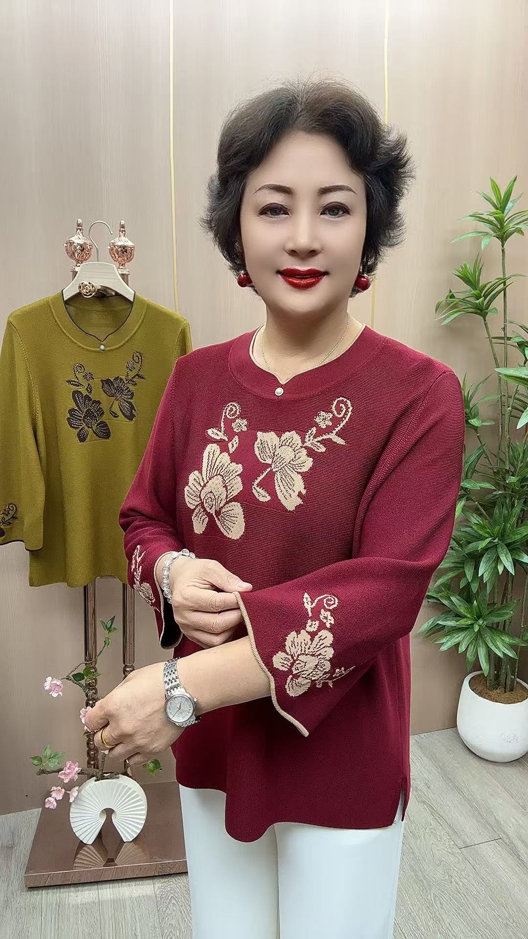 5#5803针织衫 衣长65 中老年女装 秋季新款时尚洋气花针织衫 毛衣