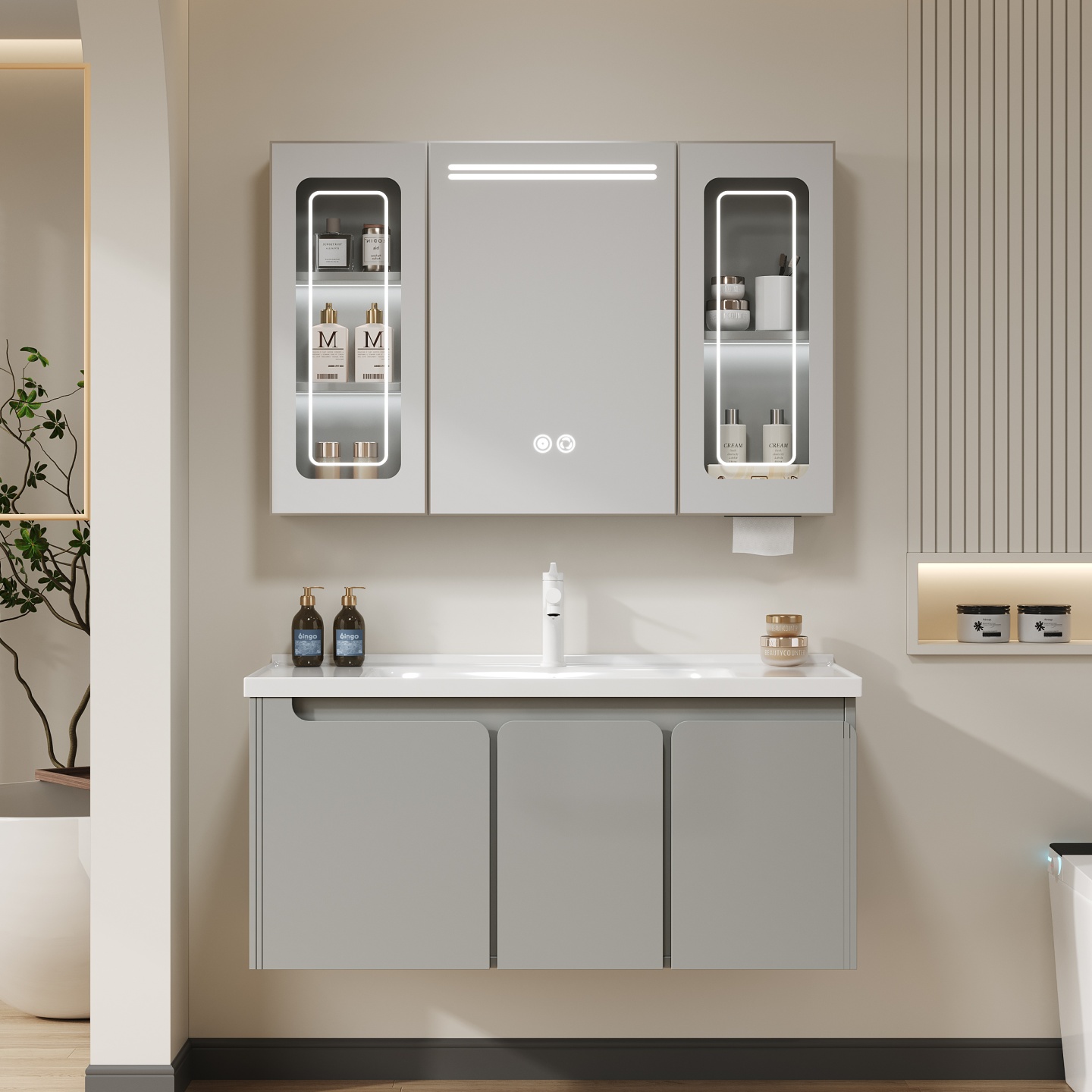 美雅斯S2高级轻奢灰不锈钢浴室柜防潮防水陶瓷一体盆全封智能镜柜