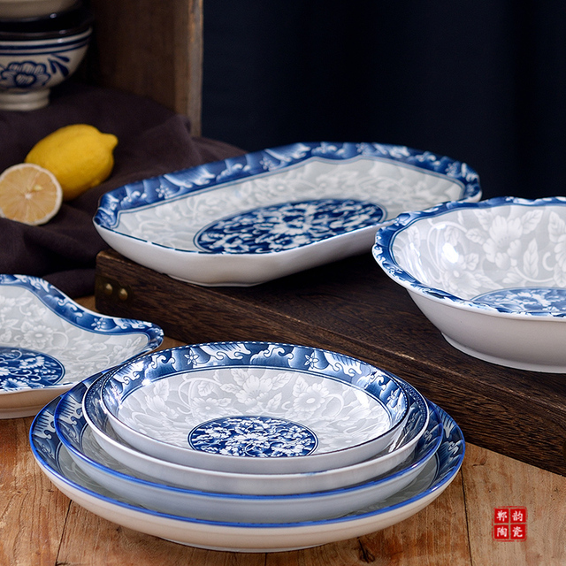 青花瓷餐具汤盆8英寸9圆7菜盘子12寸10长方鱼盘家用碟子陶瓷套装