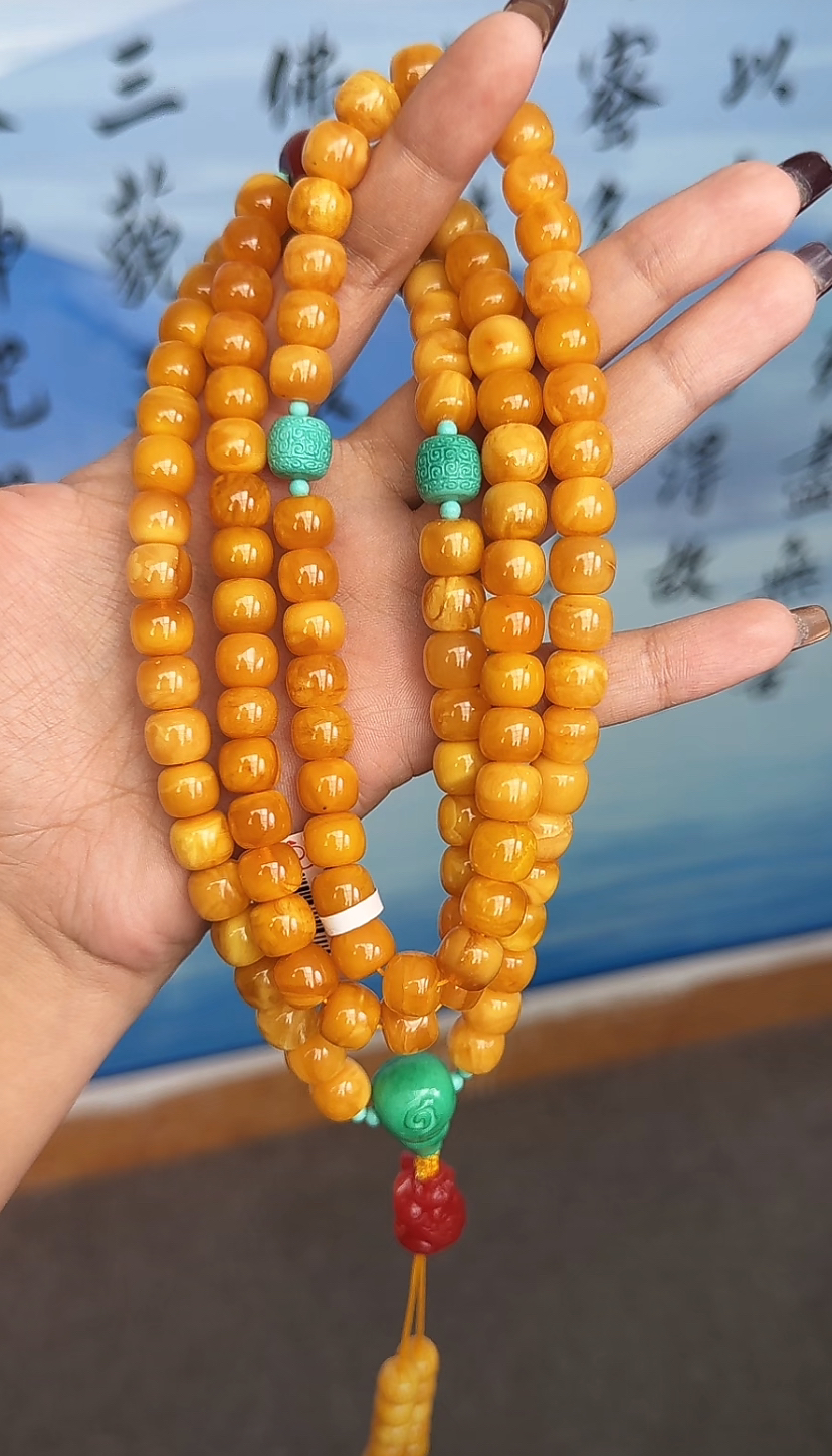 【齐福珠宝】XQ0691/9mm天然琥珀花蜡老型佛珠（多样性发其一）