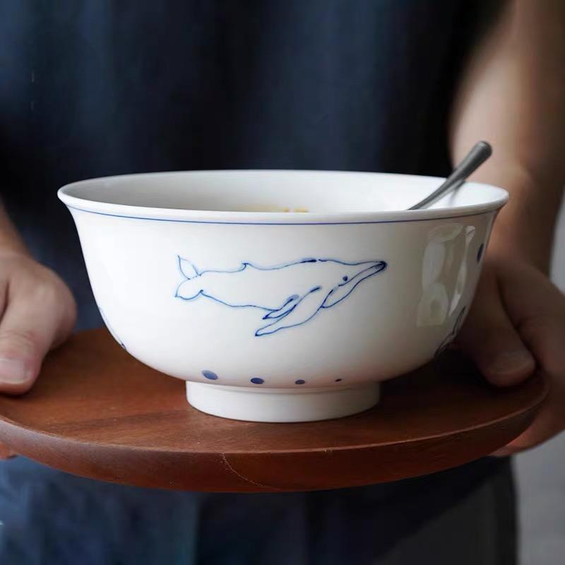 海洋家用碗盘手绘釉下彩青花景德镇高温陶瓷餐具碗碟菜盘高档碗