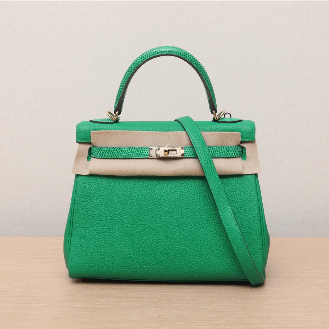 99新 Hermes/爱马仕 小花6欢 Kelly25薄荷绿 Togo皮/蜥蜴皮 Z刻包