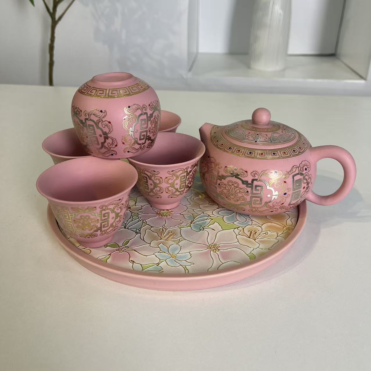 粉泥紫砂掐丝-西施壶（一壶五杯+茶盘）@ZHZ510