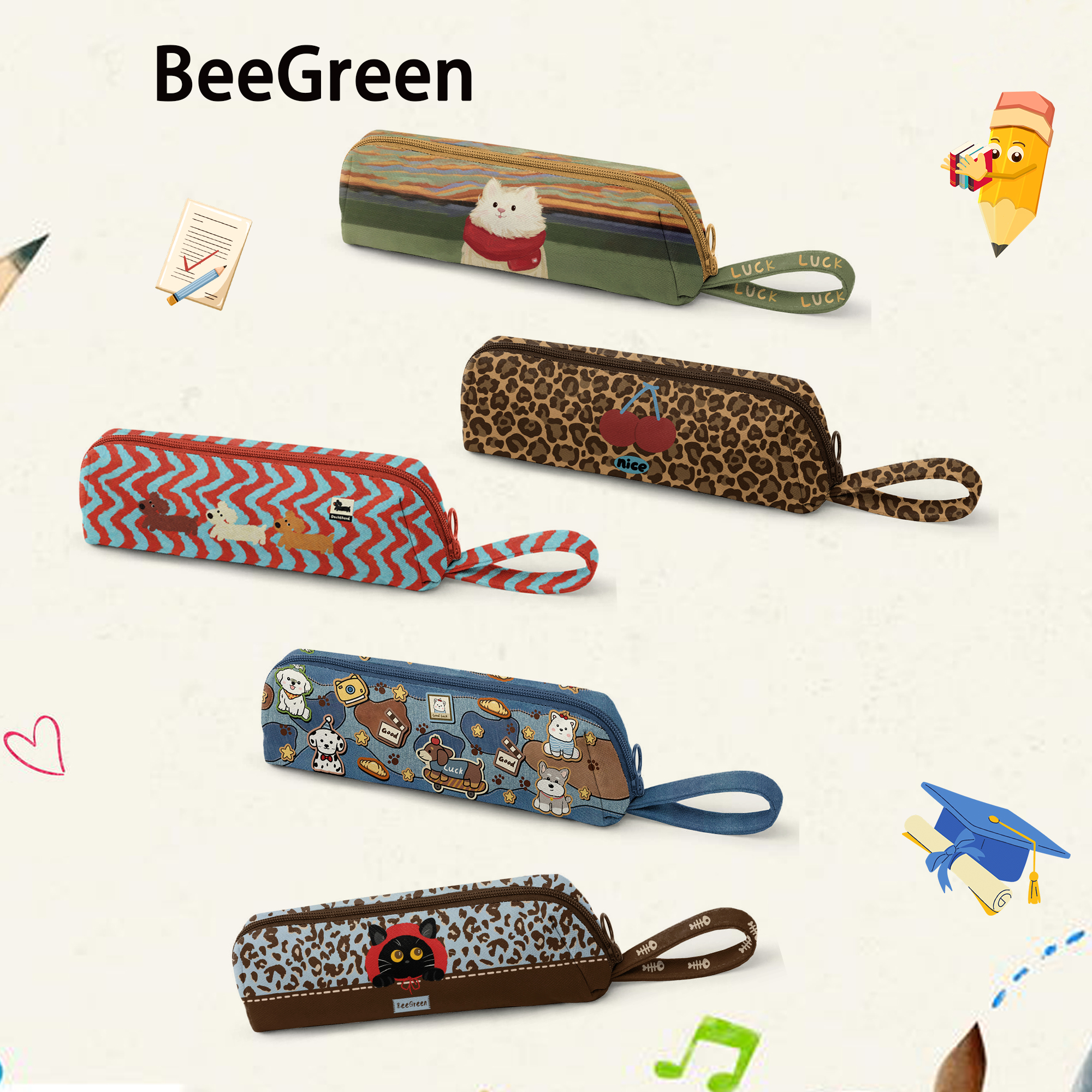 BeeGreen插画师原创图案收纳笔袋可爱多功能布艺文具袋化妆包