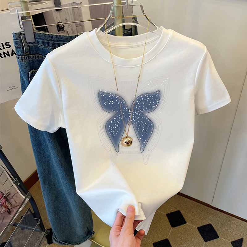 印花蝴蝶2025新款纯棉短袖t恤女宽松百搭夏学生休闲韩版男女同款