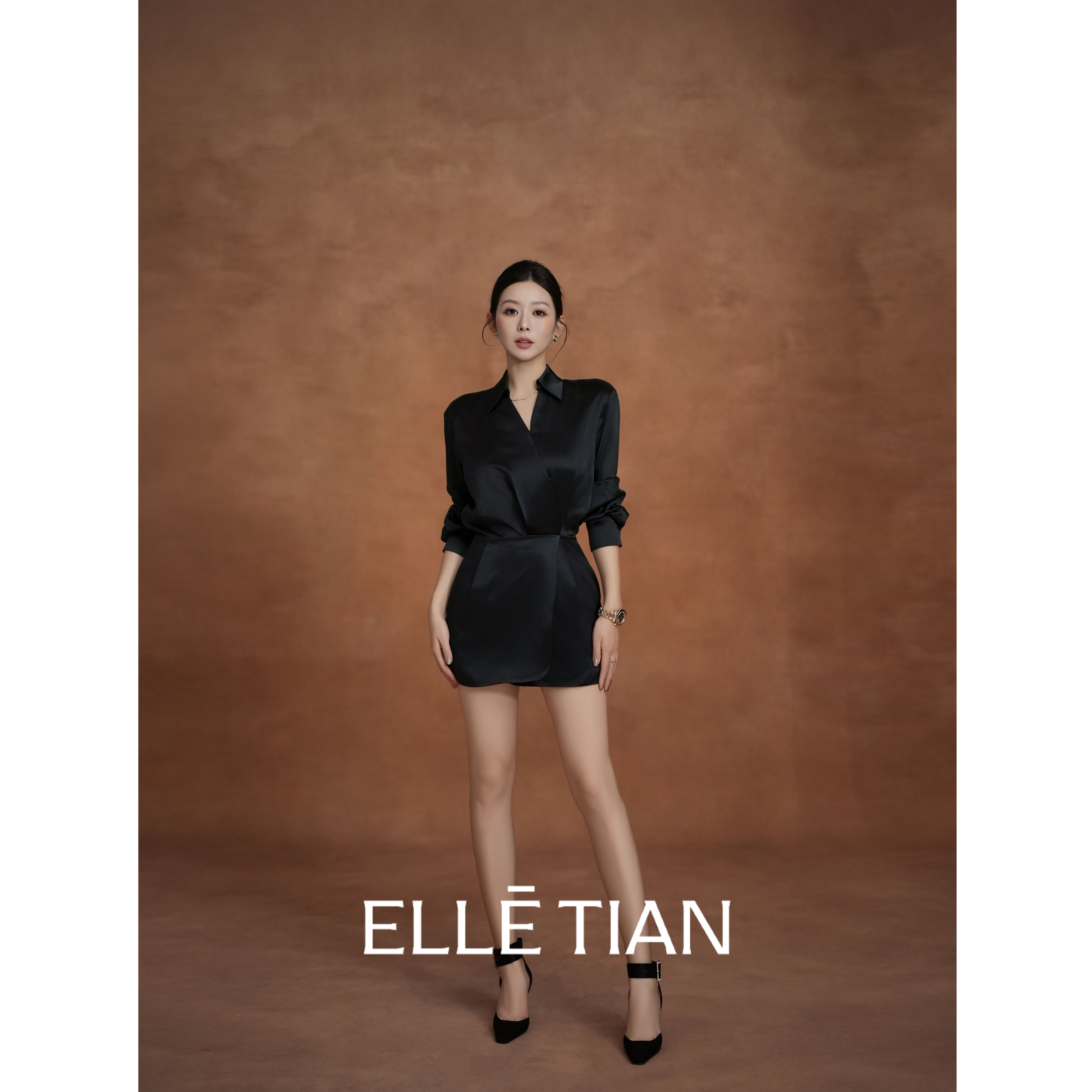 ELLETIAN "晚场电影"醋酸缎面流光防走光衬衫套装裙EZQL002