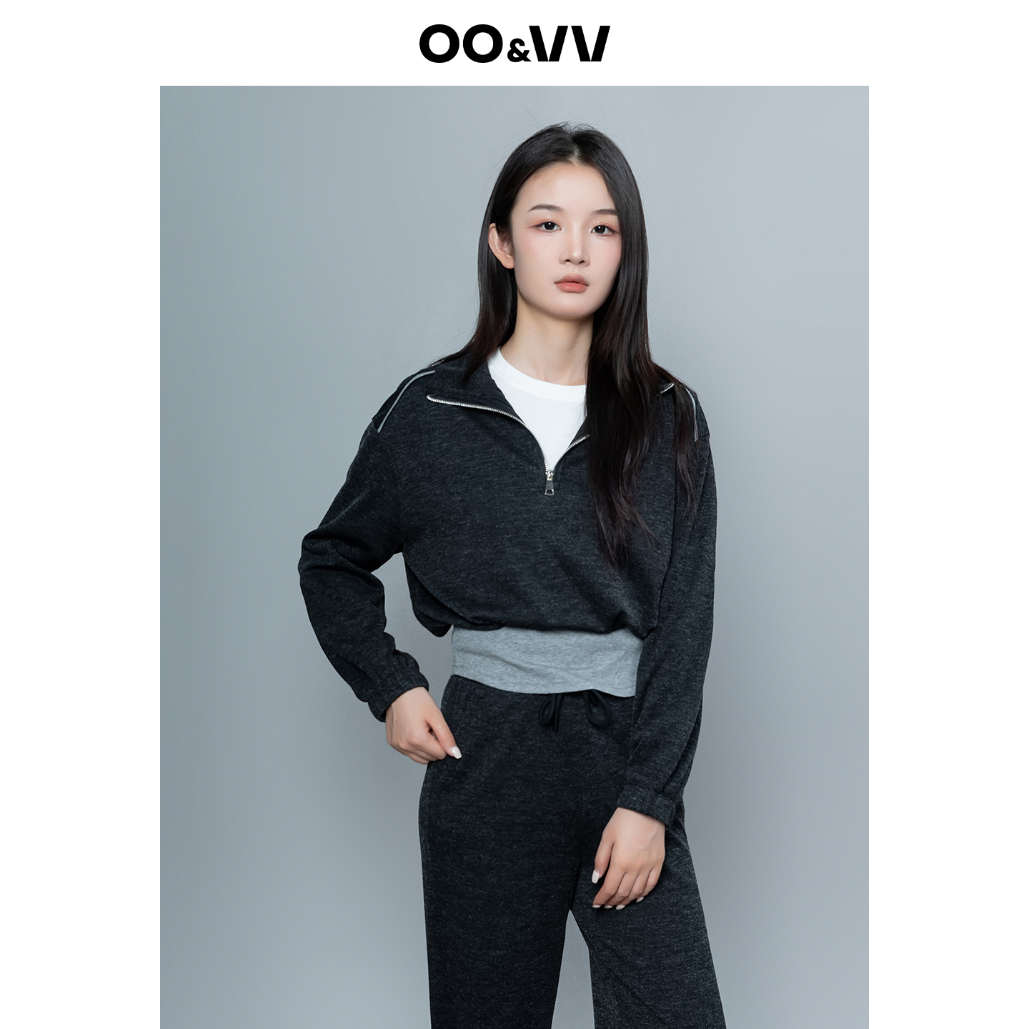 OO&VV运动休闲拼接撞色半开衬衣外套+阔腿宽松高腰卫裤2件套新秋