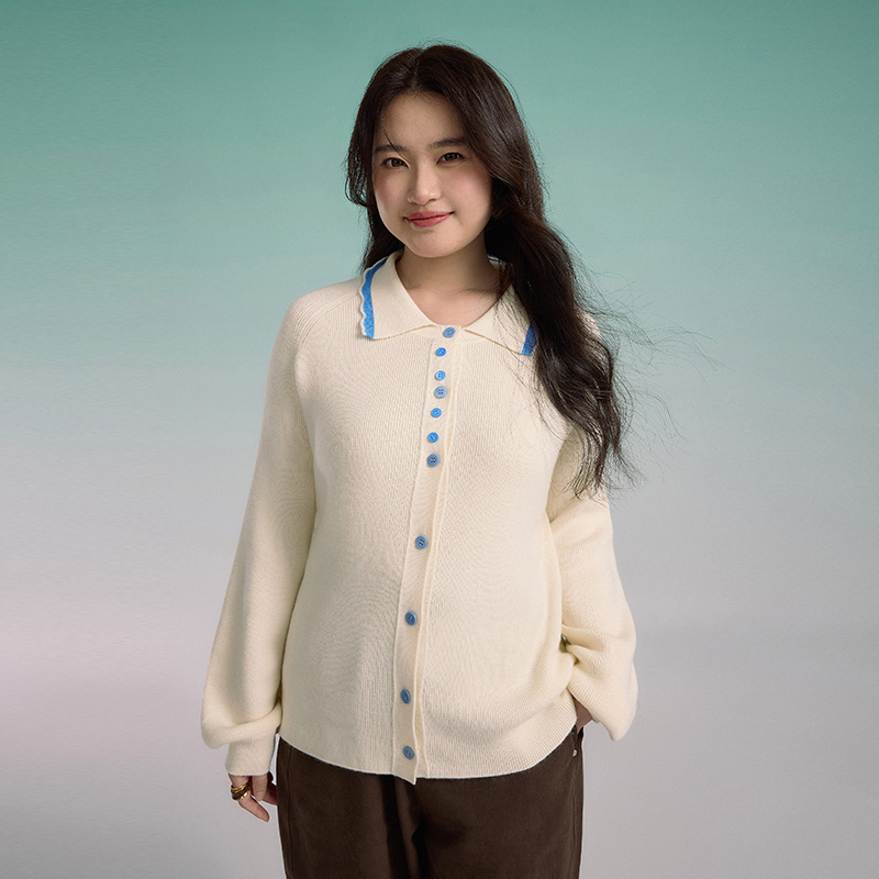 【特价】播冬新款撞色纽扣钩花翻领大码显瘦针织开衫MDR4UD6075