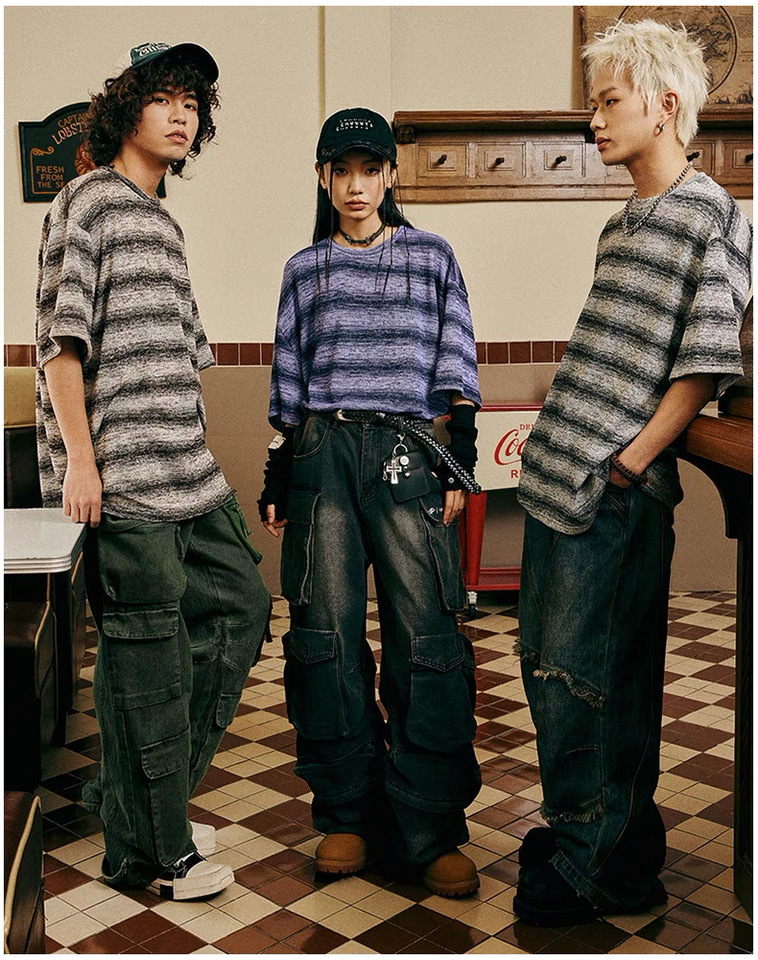 【MC10】美式潮牌夏季宽松男女同穿复古纱感条纹短袖T恤