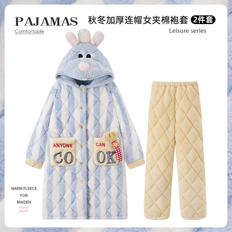 2025年冬季珊瑚绒睡袍女长毛绒料理鼠王三层夹棉加绒加厚款家居服