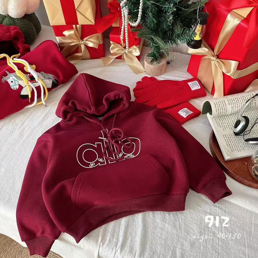 红色男童加绒卫衣冬款男宝儿童2025新款字母印花连帽宽松上衣-898