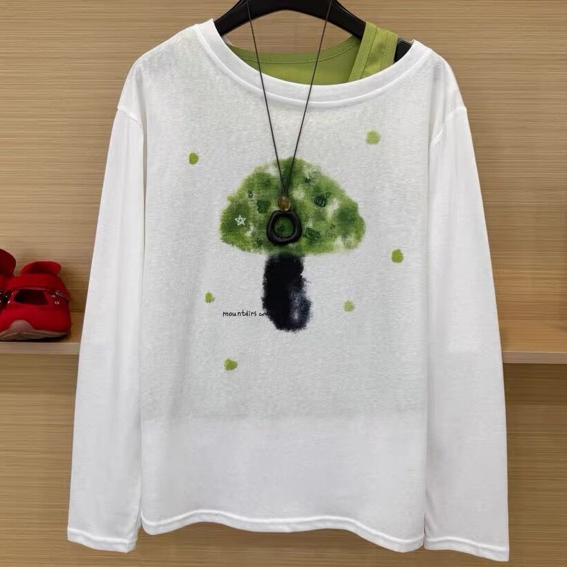 【锦衣服饰】DS 2081 新款韩系斜肩长袖小蘑菇防晒T恤背心两件套
