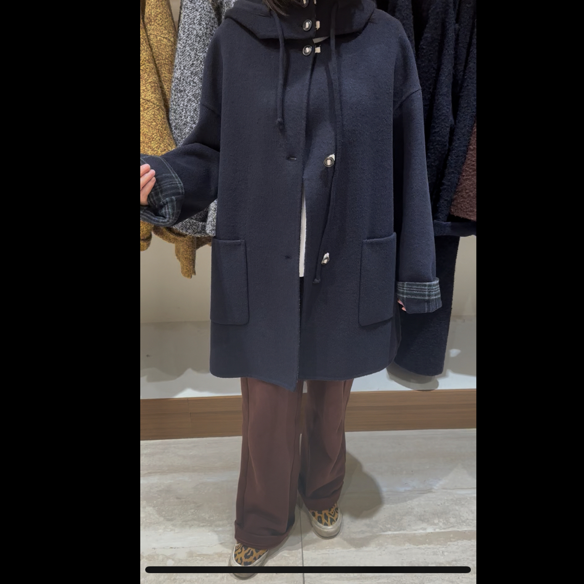 韩系连帽双面大衣女秋冬宽松中长款呢外套简约风100羊毛手工大衣