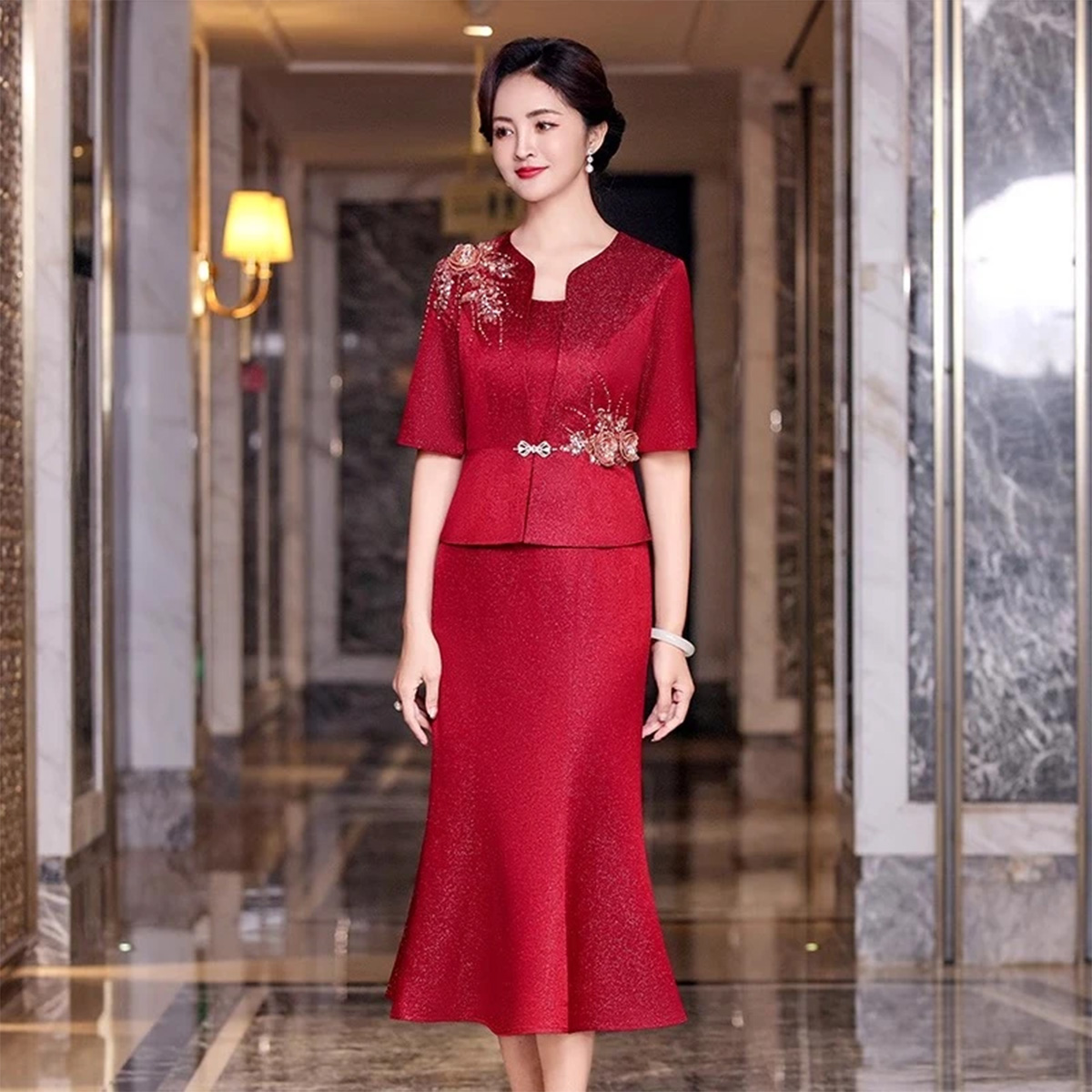 婚礼服纯色长款修身结婚圆领礼服鱼尾裙一字肩A字裙19