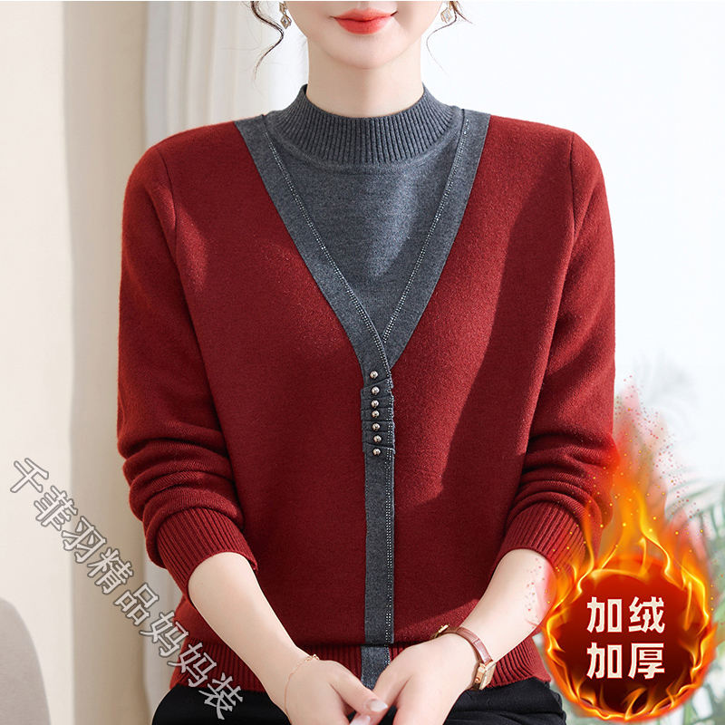 妈妈装冬季假两件一体绒毛衣2025新款中年妈妈加绒加厚内搭打底衫