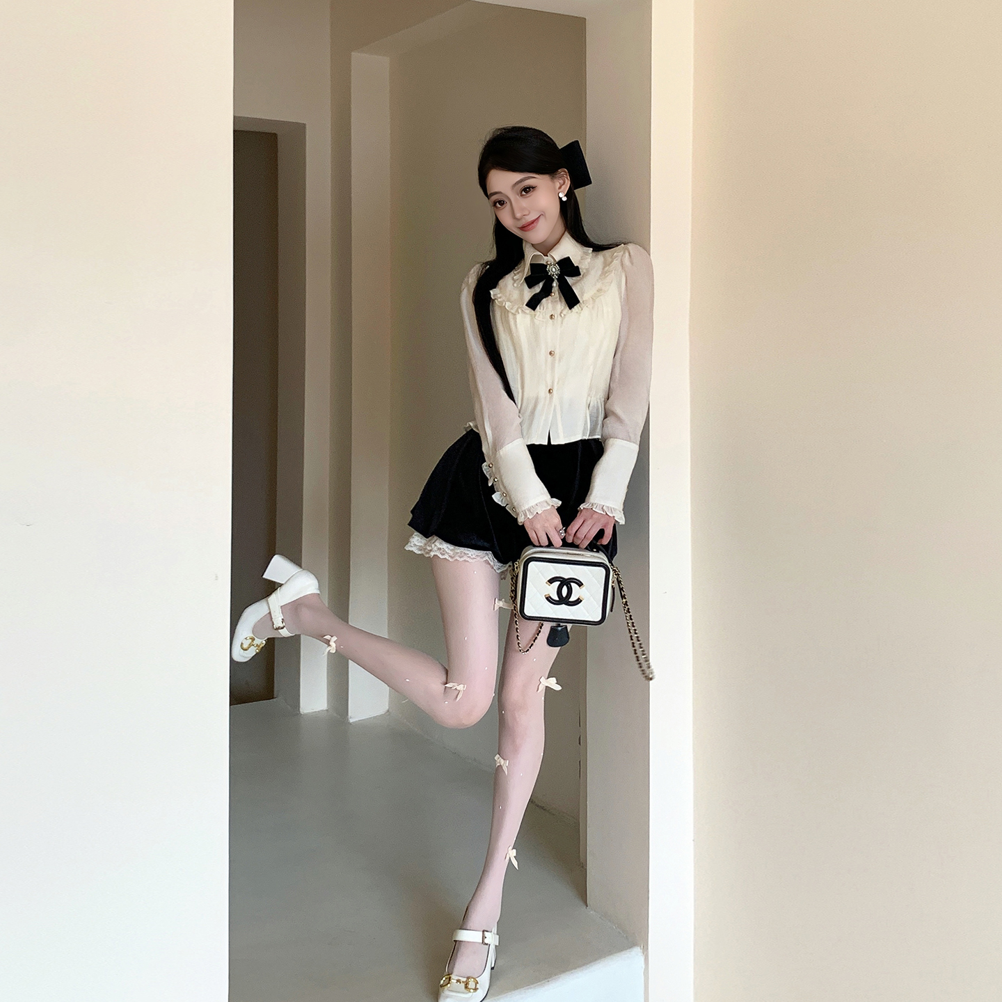 冰冰来了【云上香草】法式小个子蝴蝶结衬衫重工气质长袖衬衣27254
