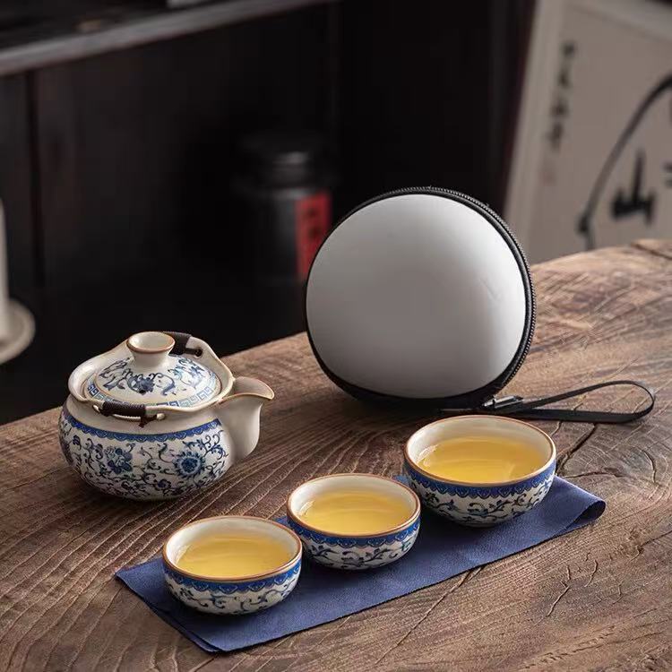 KL-0037 青花缠枝莲汝窑见宝瓶 一壶三杯旅行套+茶盘