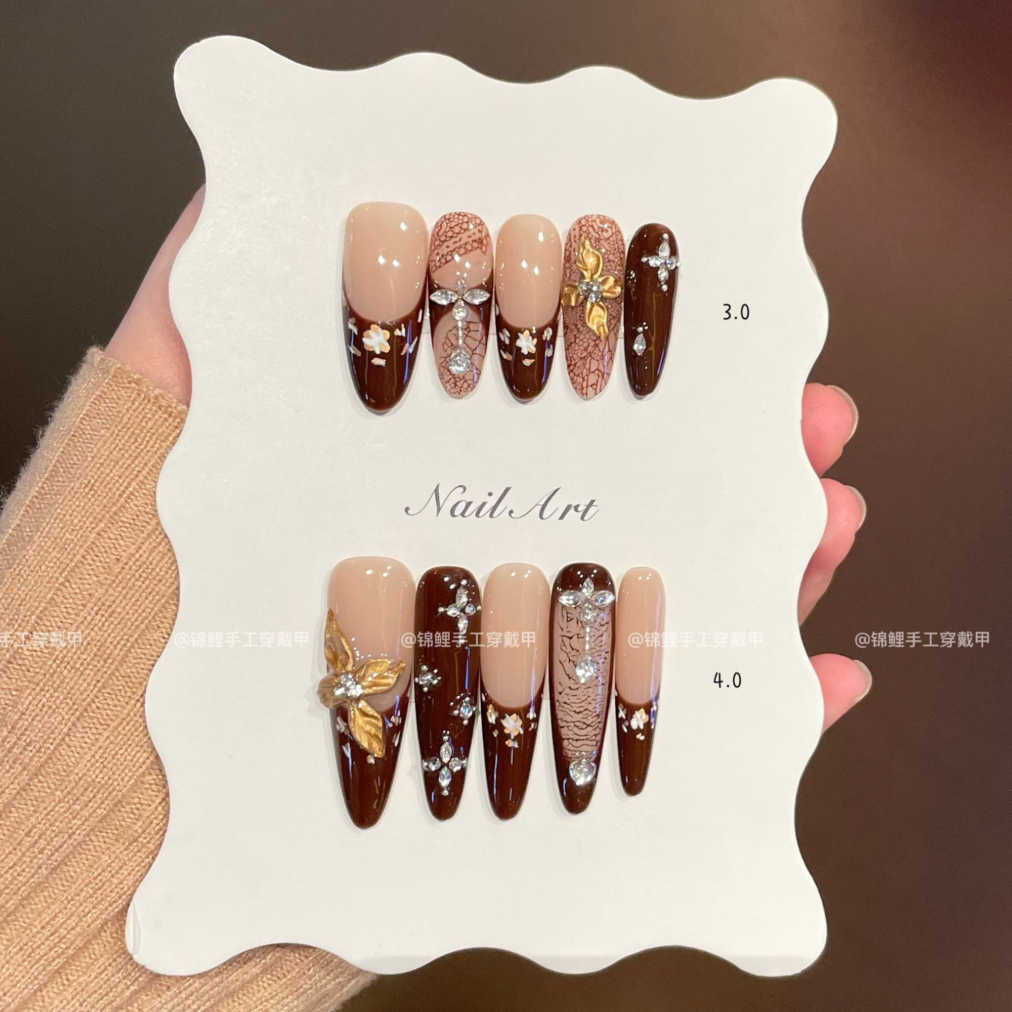 【红绒丝带】秋冬深红立体鎏金雕花蕾丝点缀小钻拼钻 锦鲤穿戴甲