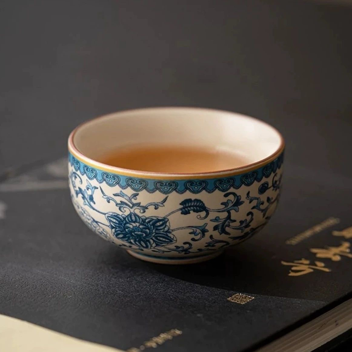 中式青花汝窑功夫茶具主人杯复古高档品茗杯家用开片可养茶杯单杯