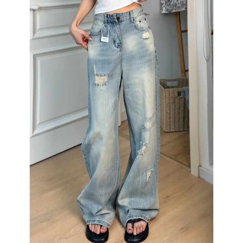 大码美式复古破洞牛仔裤女2025春夏新款高腰直筒拖地宽松阔腿裤子