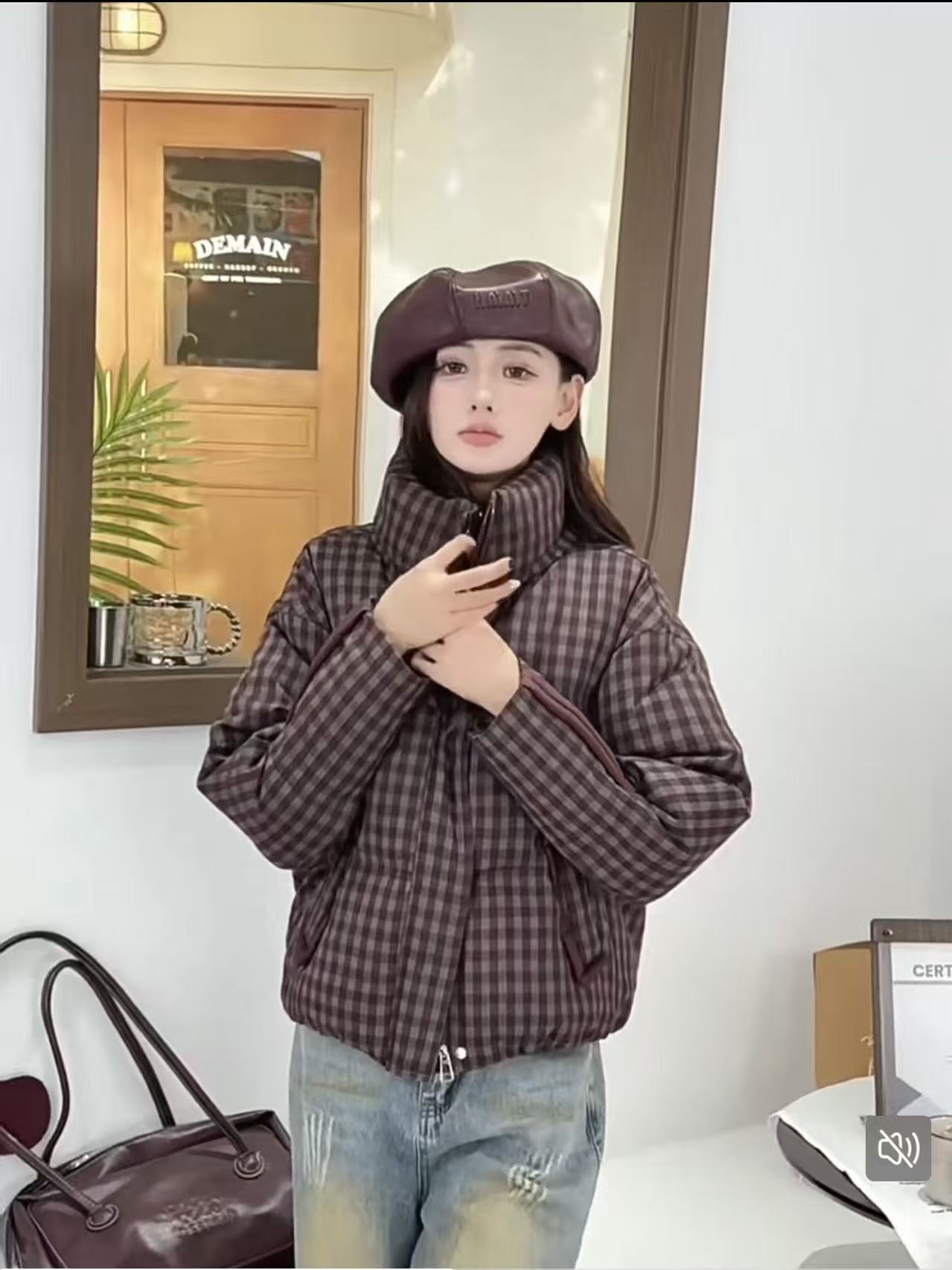 【锦衣服饰】BQR 6558韩系新国风90绒格子立领短款羽绒服