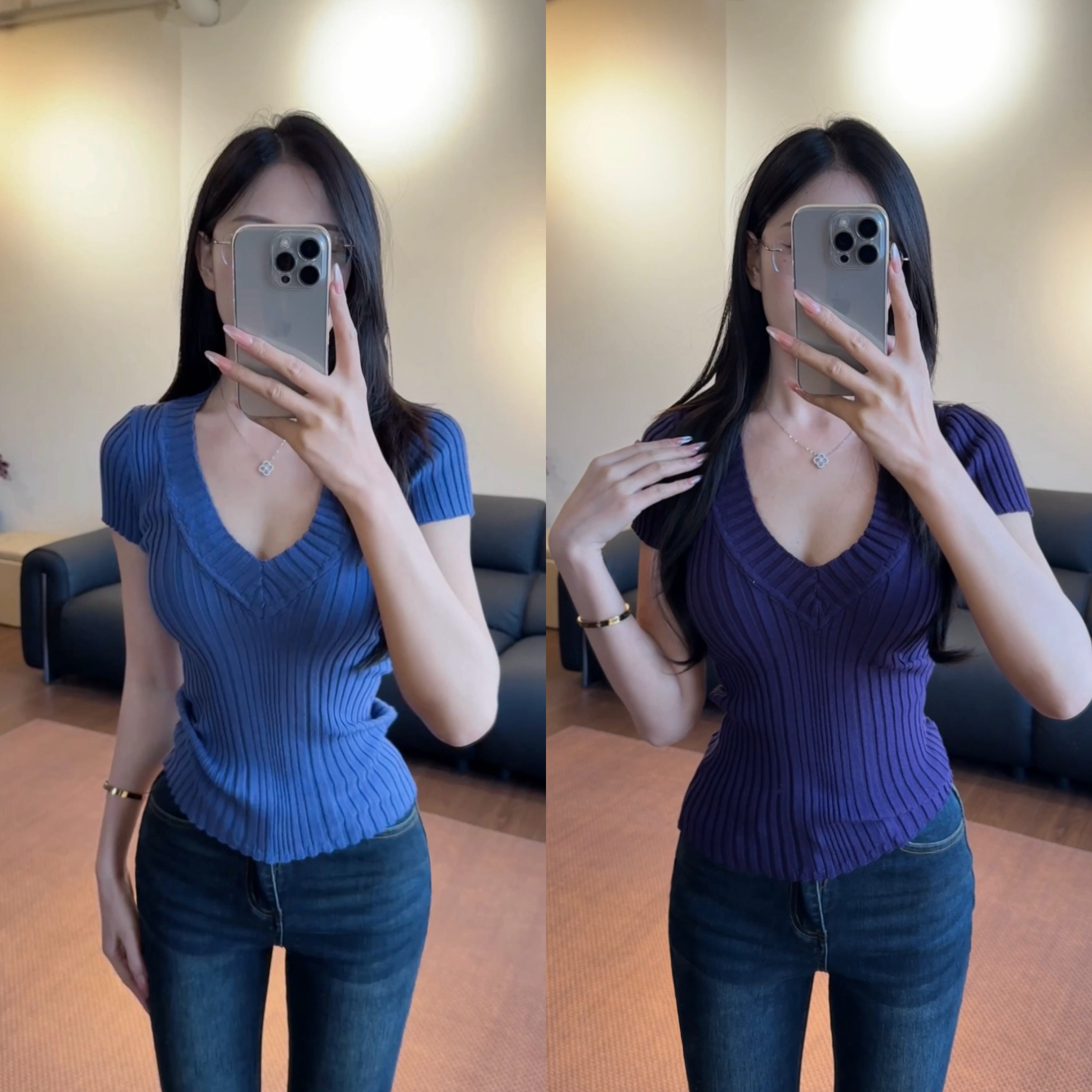 希野逸儿/老钱风深V领坑条高弹针织冰感收腰短袖T恤女短款上衣