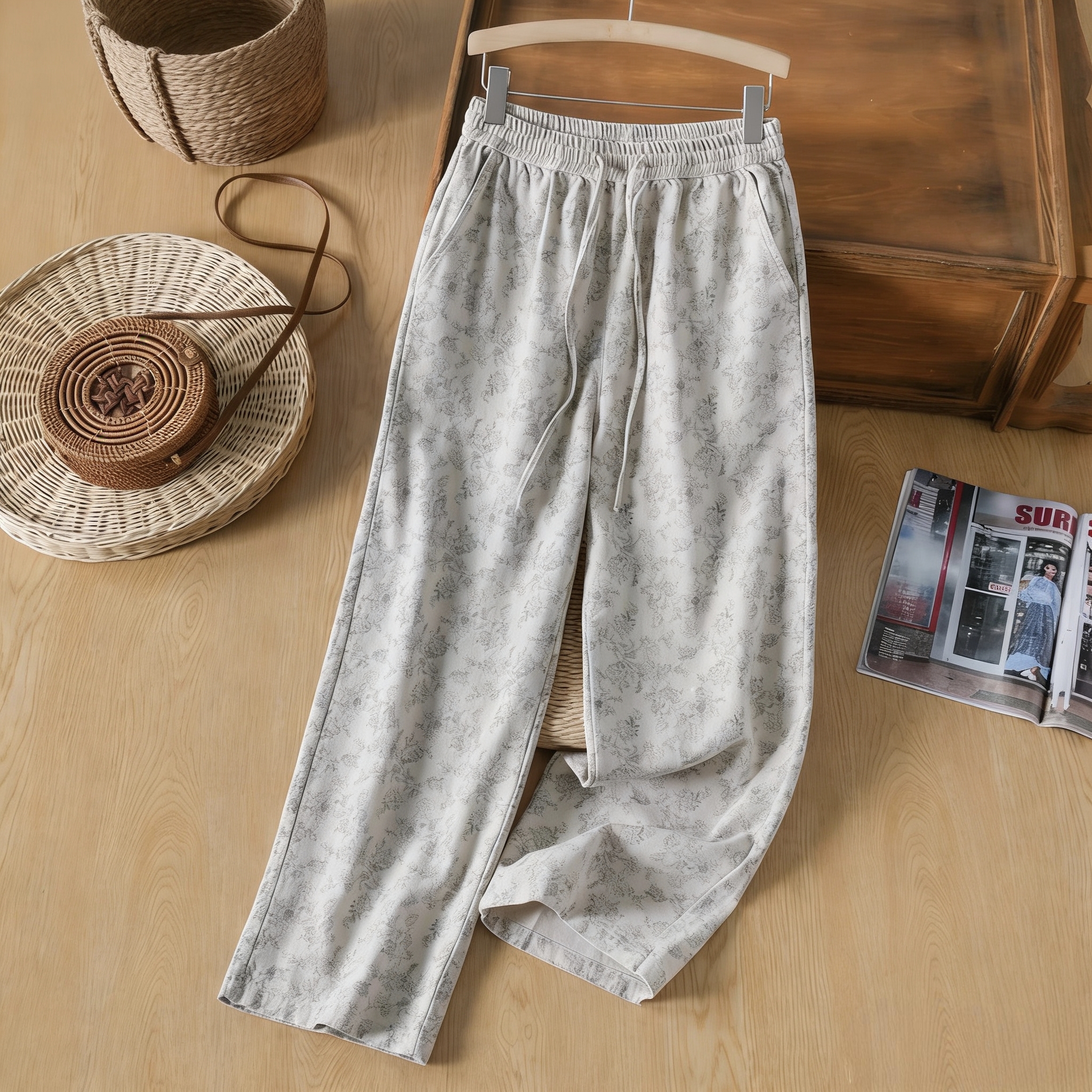 【麻之泰然】双雨露汉麻直筒裤时尚碎花满印（431）